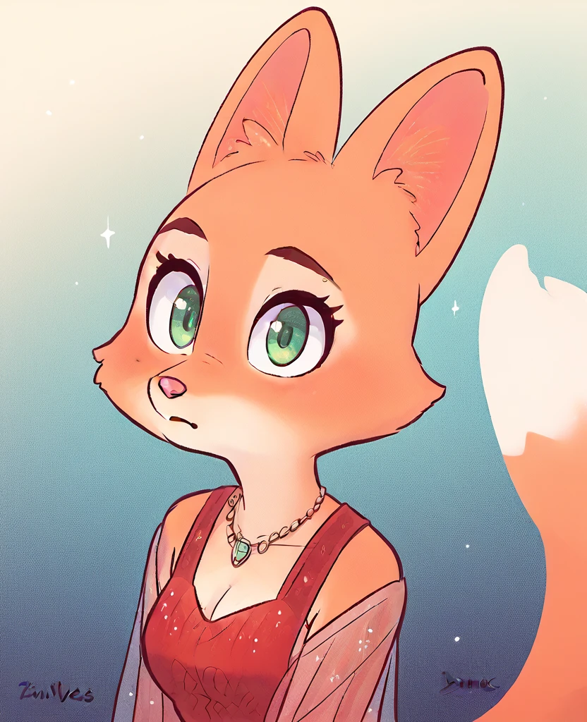 Diane Foxington, ginger fur, emerald eyes, dusty-pink nose, fox tail, fox ears, wearing a red dress, alone, by diives