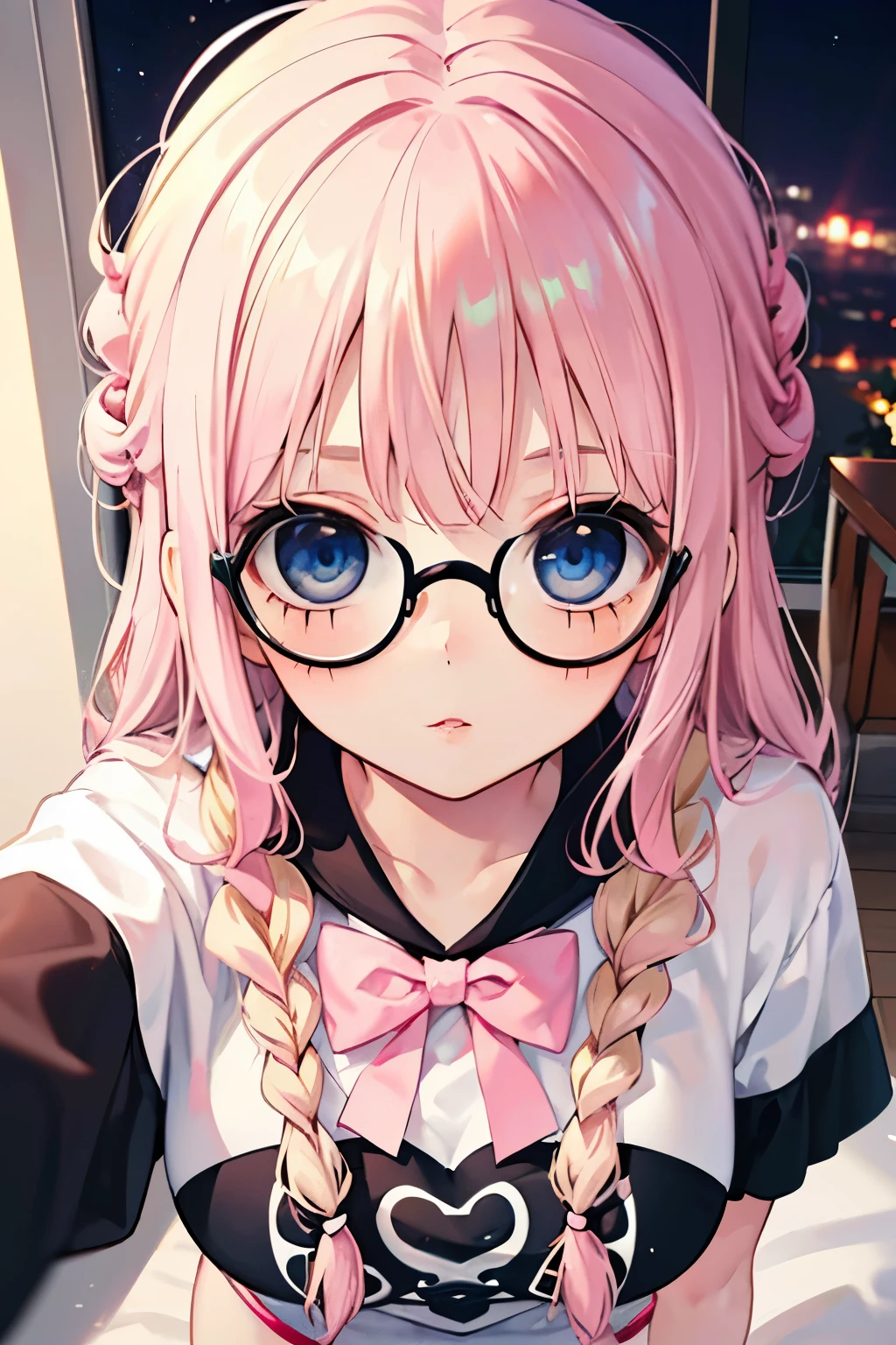 LightBlue Eyes,Very thin thighs,Summer clothes, highest quality,((Blonde girl)),(braid hair:1.1),red cheek),Glasses,close-up Face,kiss face,(💌:1.2),(Confession:1.2),(pink bed room:1.2),(Stalker:1.1),(night:1.1).