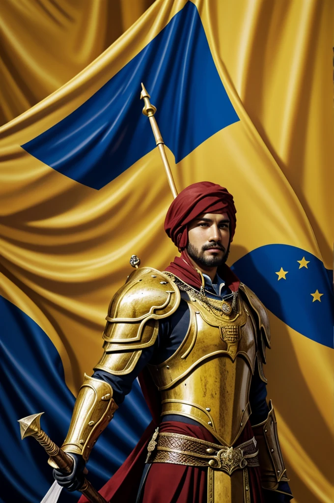 A Leo zodiac knight in shining armor and holding the flag of Venezuela