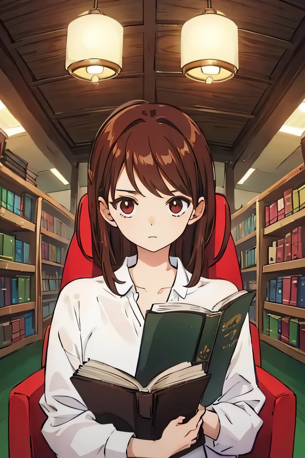 library reading a book on a chair brown hair brown eyes