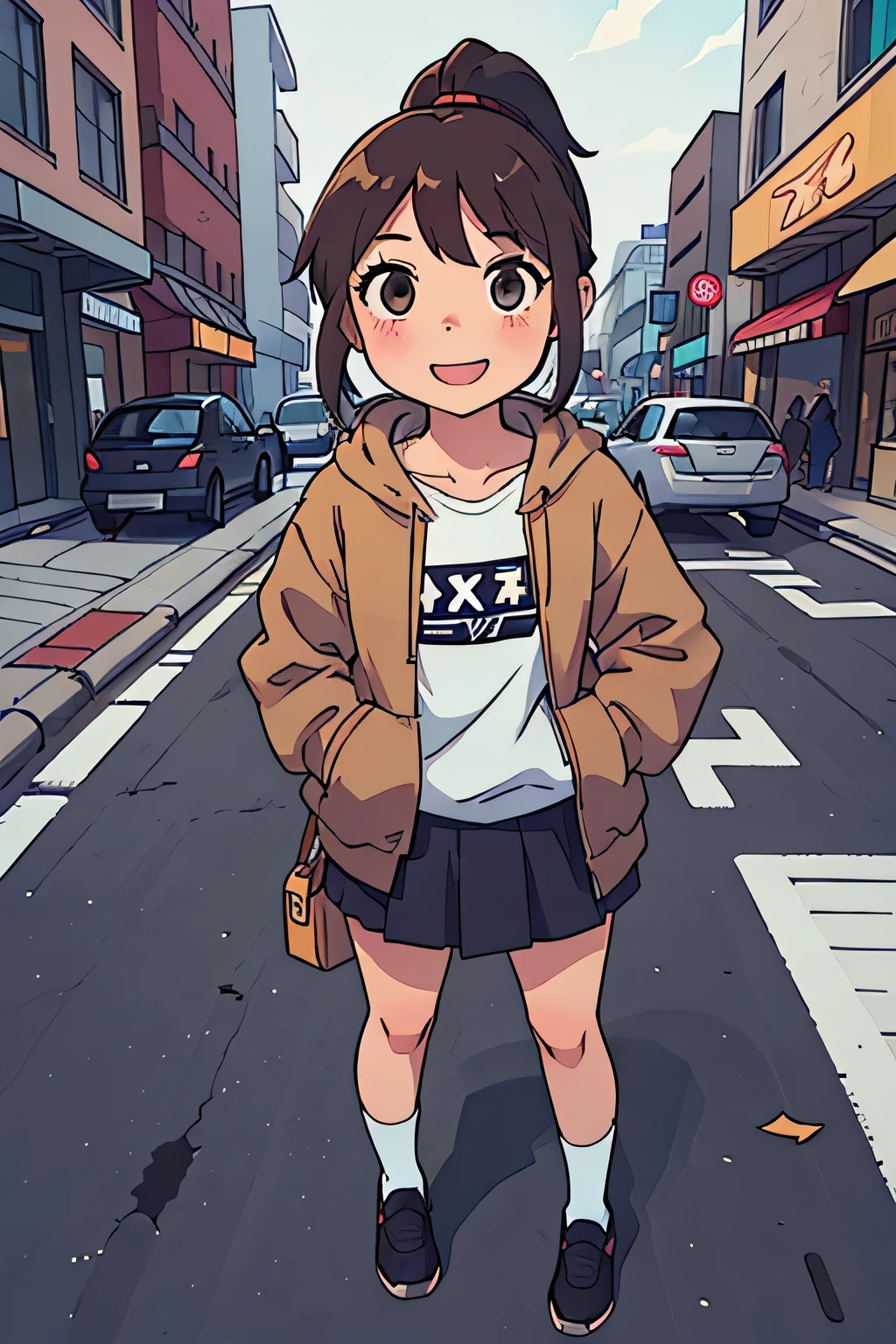 (Highest quality:0.8) Perfect anime illustration, cute, Happy woman with brown hair in a ponytail on the street in the city, Wearing a hoodie, skirt