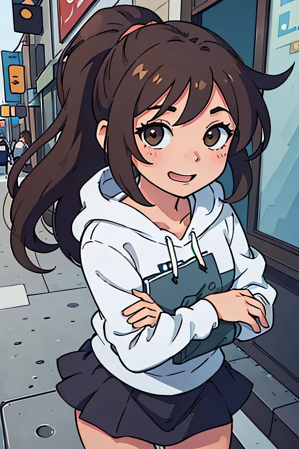 (Highest quality:0.8) Perfect anime illustration, cute, Happy woman with brown hair in a ponytail on the street in the city, Wearing a hoodie, skirt