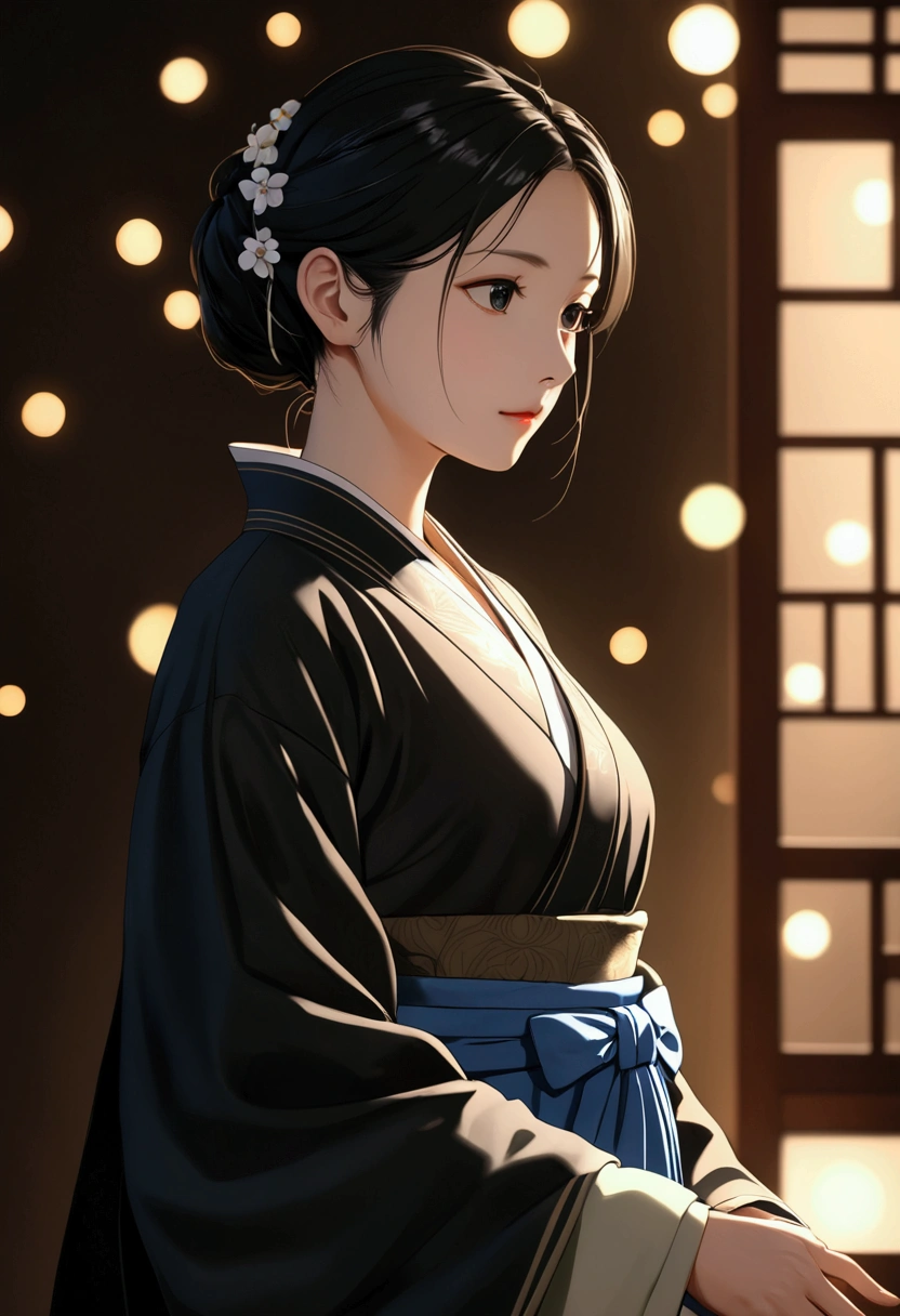 (Fidelity: 1.4), ((Hanfu negro)), big sleeves, small rings, Get up, Mole under the eyes, Denim lens, bokeh, Perspective shortening, negative space, chiaroscuro, depth of field, ray tracing, masterpiece, anatomically correct, textured skin, Best Quality, 8k, ultra high definition, necessary