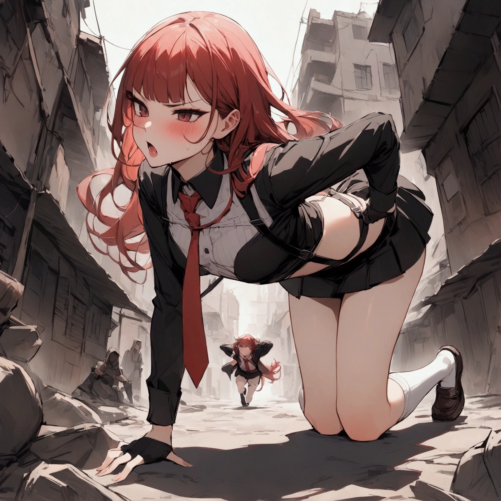 NSFW,{{Dynamic composition}},{{masterpiece}}, {{{Highest quality}}},{{Very detailed}}, ,{{blushing with anger}},{{v-shaped eyebrows}},{{figure}},{{tall}},{{Adult female}},{{all fours}},{{On all fours},{{from behind}},{from side}buttocks,{{Long sleeve mini skirt uniform}},{{suspenders}},}}{}},{fighting}},{},{in the midst of battle}, ,{{}},,{{}},{{,,Slender body}}{{}},,,,suspenders ,Long sleeve mini skirt uniform, White High Socks,Black fingerless gloves, Long Red Hair, Red tie,Straight hair ,Blunt bangs, holster, loafer,,blush,,raise one's eyebrows,Grit your teeth,suffering,v-shaped eyebrows.,Sweat dripping,Medium chest ,get annoyed,,slums,,