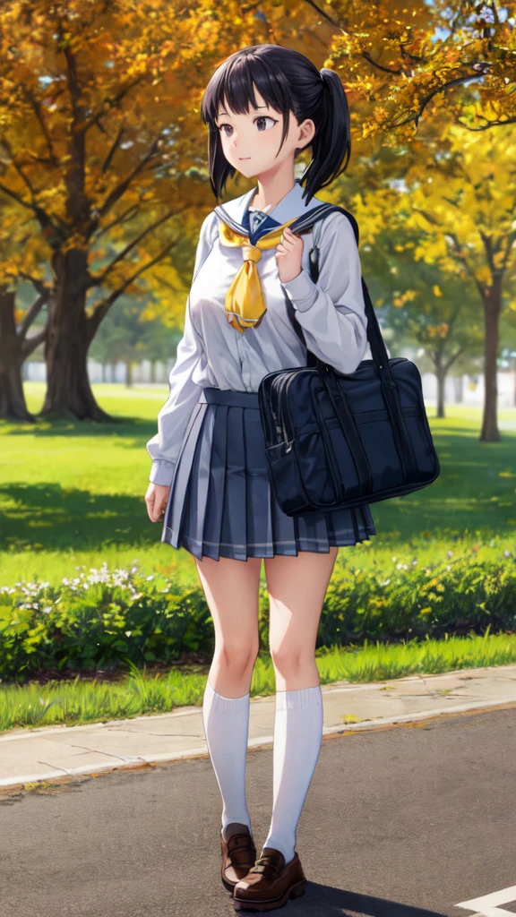 school girl standing in park close up