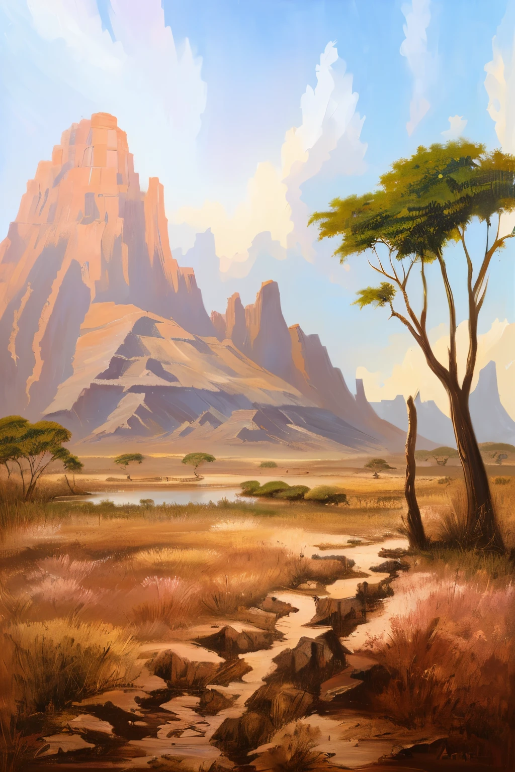 African themed scene scene original painting HD 4k with lake on the ground