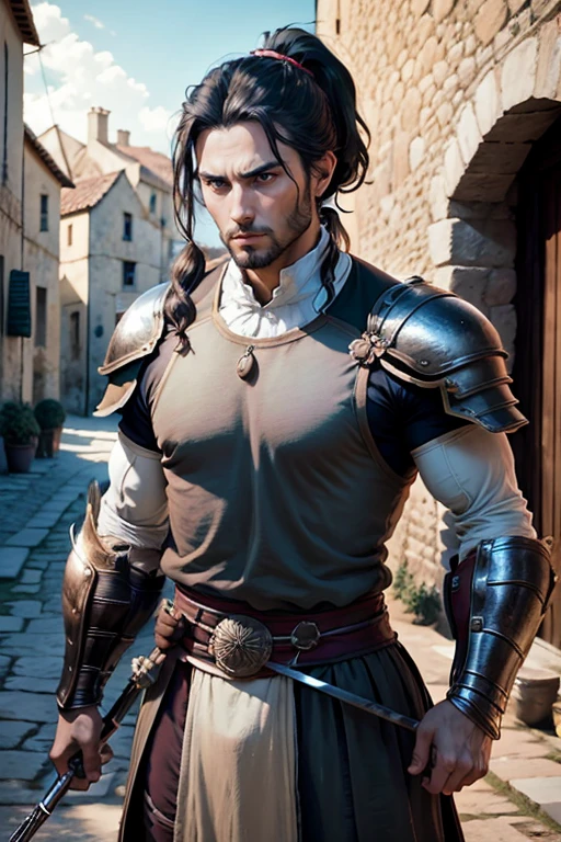 30 year old man, ponytail hair, greeneyes, serious expression, muscled body, trajes de gladiador, holding an epée, medieval village.