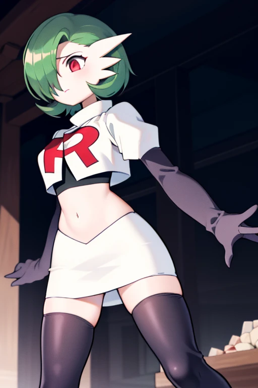 masterpiece, best_quality, 1girl, solo, gardevoir, creatures \(company\), game freak, nintendo, pokemon, pokemon \(game\), bangs, colored skin, female focus, gen 3 pokemon, green hair, green skin, hair over one eye, multicolored skin, pokemon \(creature\), red eyes, short hair, two-tone skin, white skin, team rocket,team rocket uniform,white skirt,red letter R,crop top,black thigh-highs,black elbow gloves
