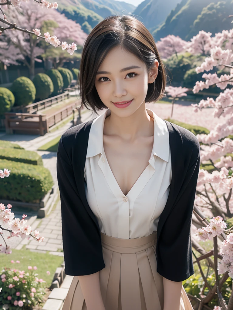 Drooping collar, A slightly visible bra under the shirt,Looking down,Leaning forward,(((A small valley is visible))),skirt,One girl, Looking_in_Audience, smile, Japan, Tokyo, Cherry Blossom, Octane Rendering, 一人in, Very skinny,V-neck business suit,A neat image,Mature Woman