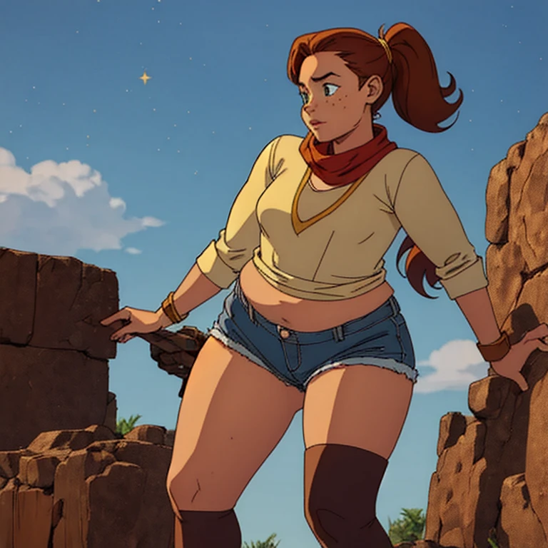 ager

Height: 5'7" (170 cm)

Build: Slender and athletic

Hair: Medium bright red, straight, gathered in a high ponytail. Classic polka dot scarf, slight volume at the crown and bangs that frame your face.          Eyes: Emerald green, large and expressive. Maybe flecks of gold or amber for added depth.            Complexion: White, with a healthy glow. You could add some freckles on the nose to give it a youthful touch.                           Distinctive features: large, fat body, small star-shaped birthmark on his left wrist. Consider depicting it subtly, as a constellation of light freckles. Semi-loose light blue shirt tied over his fat stomach. Imagine a soft denim blue, slightly rolled up at the sleeves.  Denim shorts.  Thigh high socks. Deep brown or tan, with ribbed details or a modern print like stars.  Worn leather boots. Mid-calf length, dark brown with laces and maybe some scuffs and marks to show they've been on adventures. Running at super speed, super powers,
