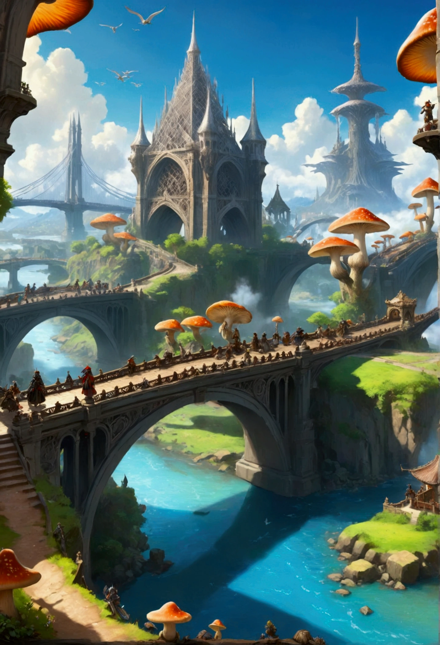 (masterpiece:1.2), extremely intricate details, ff14 style, dynamic painting, depicting a bustling city with a majestic bridge crossing wide rivers, surrounded by towering giant mushrooms. The vast landscape bursts with vivid colors. 