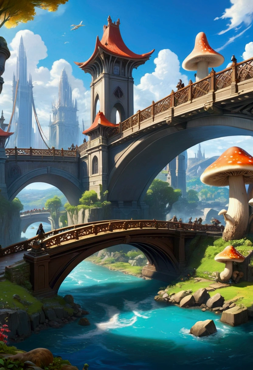 (masterpiece:1.2), extremely intricate details, ff14 style, dynamic painting, depicting a bustling city with a majestic bridge crossing wide rivers, surrounded by towering giant mushrooms. The vast landscape bursts with vivid colors.