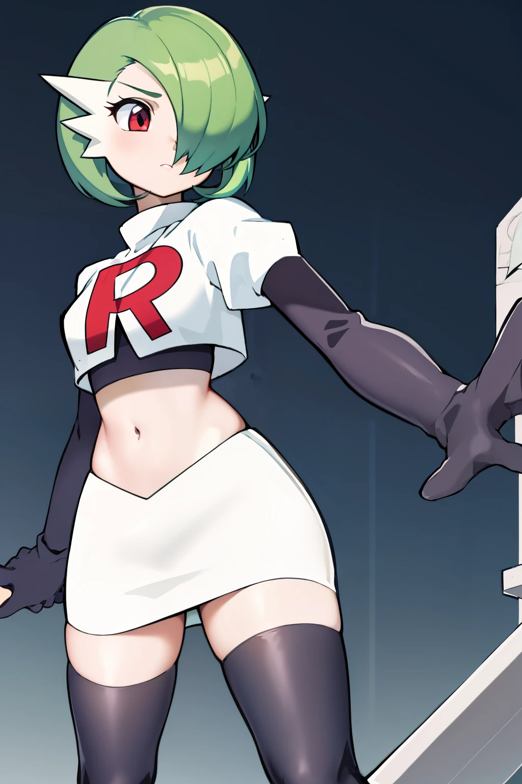 masterpiece, best_quality, 1girl, solo, gardevoir, creatures \(company\), game freak, nintendo, pokemon, pokemon \(game\), bangs, colored skin, female focus, gen 3 pokemon, green hair, green skin, hair over one eye, multicolored skin, pokemon \(creature\), red eyes, short hair, two-tone skin, white skin, team rocket,team rocket uniform,white skirt,red letter R,crop top,black thigh-highs,black elbow gloves