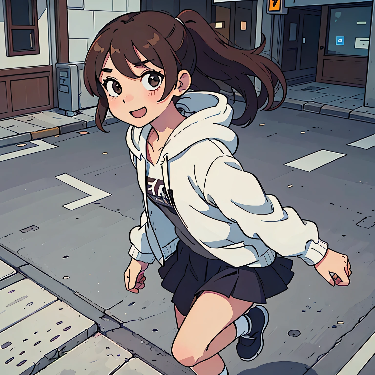 (Highest quality:0.8) Perfect anime illustration, cute, Happy woman with brown hair in a ponytail on the street in the city, Wearing a hoodie, skirt