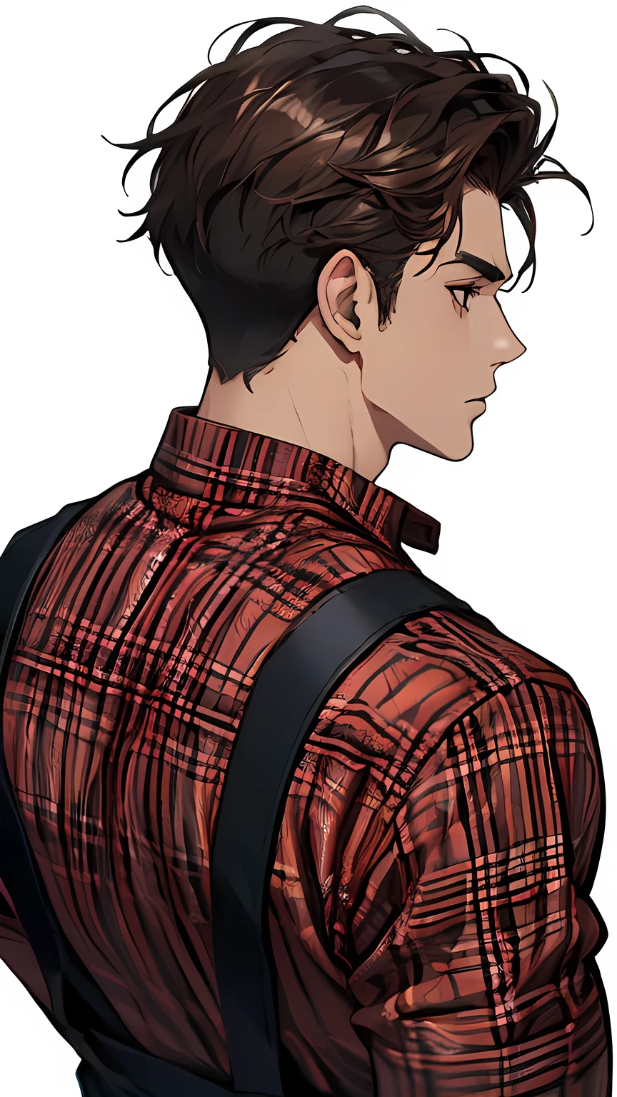 Upper body, from behind ,standing , killer, male focus , v-taper body, rough{cut short hairstyle, very dark brown hair,
(handsome) , wearing a red and black checked flannel shirt, blue dungarees , BREAK (masterpiece) best quality, highest detail, superior quality, natural lighting, white background