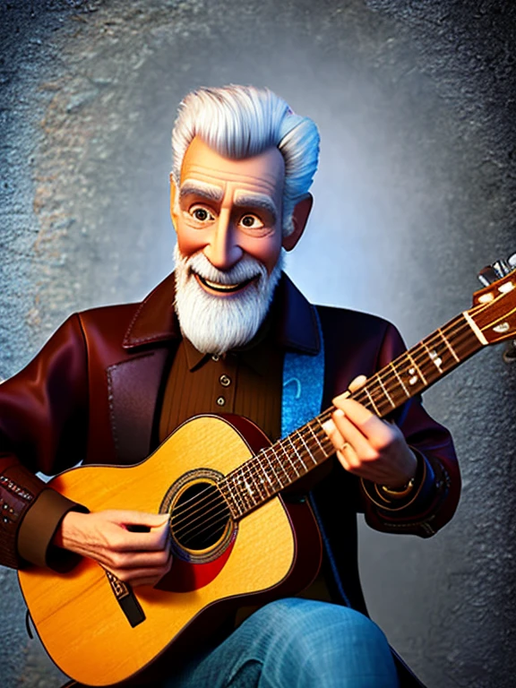 Pixarstyle A waist-high portrait of an elderly man rock star, playing guitar, smile, natural skin texture, 4K textures, HDR, intricate, highly detailed, sharp focus, cinematic look, hyper-detailed