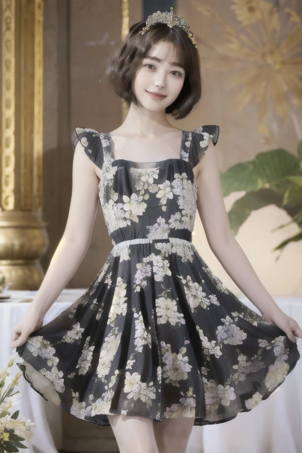 266 (20-year-old princess,Are standing), (Tabletop), ((short hair:1.46)), (chest:1.0), (A kind smile:0.9), (Floral Dress:1.46), (Majestic Palace:1.46) 80
