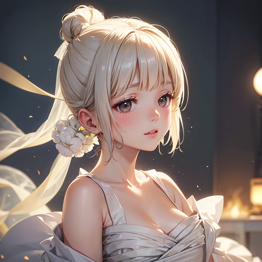 (Sweat:0.7),light yellow wedding dress,White skirt,Miss,Japanese,delicate face, pretty face,Bare shoulders,Slightly exposed shoulders,Translucent skin,black eyes,black hair,(Realistic:1.4),Realistic細節, High resolution,Bokeh,Excellent details