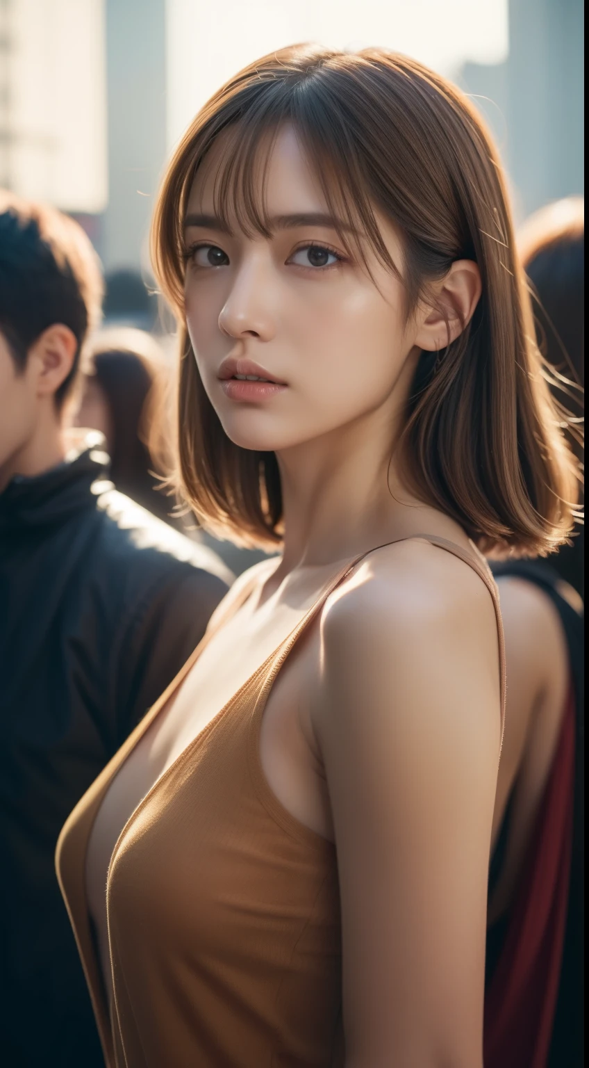 The 8k quality、Top image quality、超A high resolution、​masterpiece、Photorealsitic、1 girl in、tense look、Trendy makeup、Shaggy cut、Light brown hair、gradation hair、Trendy Tight Dresses、ciinematic light、The protagonist、the chaos、Super Slender、Do not wear underwear、in a crowd of people、Number of people who are about to be crushed、Dynamism、Magic Hour、Beginning of the story、Only the protagonist is looking at the camera、Focus only on the main character、The best looks in the world