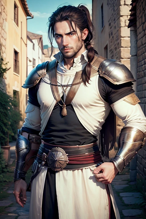 30 year old man, ponytail hair, greeneyes, serious expression, muscled body, trajes de gladiador, holding an epée, medieval village.