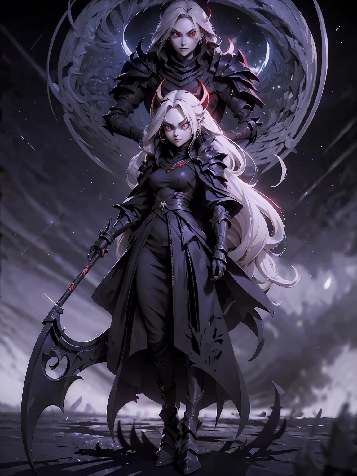 (((Masterpiece, best quality, 16k))) female character with long white hair and piercing red eyes. She wears a demonic armor in purple, black, and white. wields a large, stylized scythe. The character has a menacing expression, with a chaotic environment as the background. ((full body front view)). ((slender)), (extremely detailed:1.5), (long white hair:1.2), (piercing red eyes:1.2), (chaotic environment:1.1), (demonic armor:1.3), (stylized scythe:1.3).