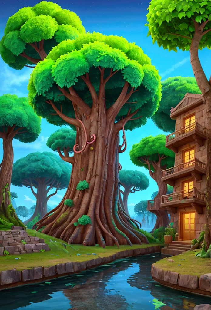 A big place with punk style neon plants with Aztec villages and with big trees in these trees, their roots are like a big neon and the trunk is somewhat colorful., with a river passing by with very clear water, When you look at the reflection of the water, it lights up with neon and the sky has colorful clouds. (neon party) neon lights super neon clarity,