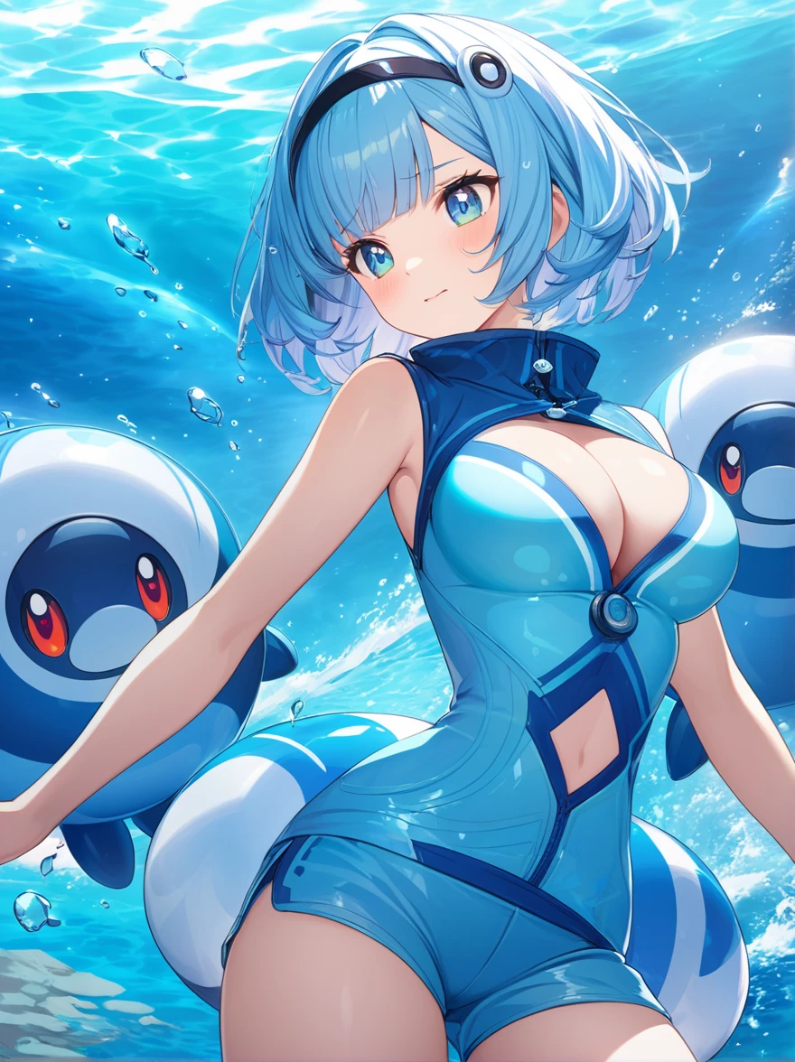 masterpiece, game CG, poster, highest resolution, official illustration, three-dimensional coloring, detailed Coloring, detailed description, artistic beauty, 1girl,solo,shy, features sharp Face,cleavage### Character Design: Poliwag (ニョロモ) Inspired Anthropomorphic Female Character
#### Physical Features
- Hair: Short and sleek, styled into a bob cut. The hair is a vibrant, aquatic blue with lighter blue highlights, reflecting Poliwag’s water-type attributes.
- Eyes: Large, round, and bright blue with a playful sparkle. The eyes have a cheerful and energetic expression, capturing Poliwag’s lively personality.
- Skin: Smooth and light blue with a slightly translucent, glossy texture. The skin features a central swirl pattern on the abdomen, reminiscent of Poliwag’s unique pattern.
- Figure: Slim and youthful with a playful, round build that emphasizes Poliwag’s energetic and aquatic nature.
#### Outfit
- Top: A fitted, sleeveless bodysuit in light blue with a central swirl pattern that matches Poliwag’s design. The bodysuit features subtle, water-themed accents and a high collar.
- Bottoms: High-waisted, playful shorts in matching light blue. The shorts have a smooth, glossy finish and feature a swirl pattern on the sides, enhancing the aquatic theme.