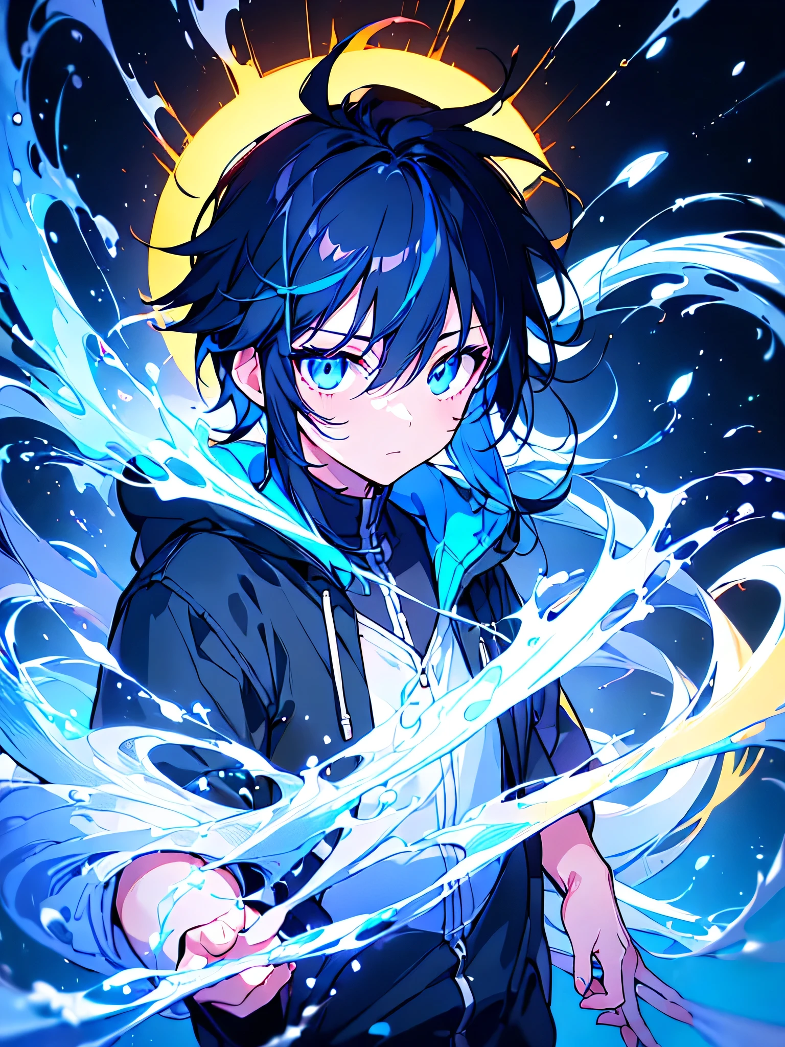 [(BLACK BACKGROUND:1.5),::5], ((((masterpiece)))), high quality, ultra very high resolution, full color, (((solo))), (()), BLACK hair, ((Blue streaked hair)), (oriental deepblue eyes), anime, ((upper body)), Summer clothes, neon light, black parka,