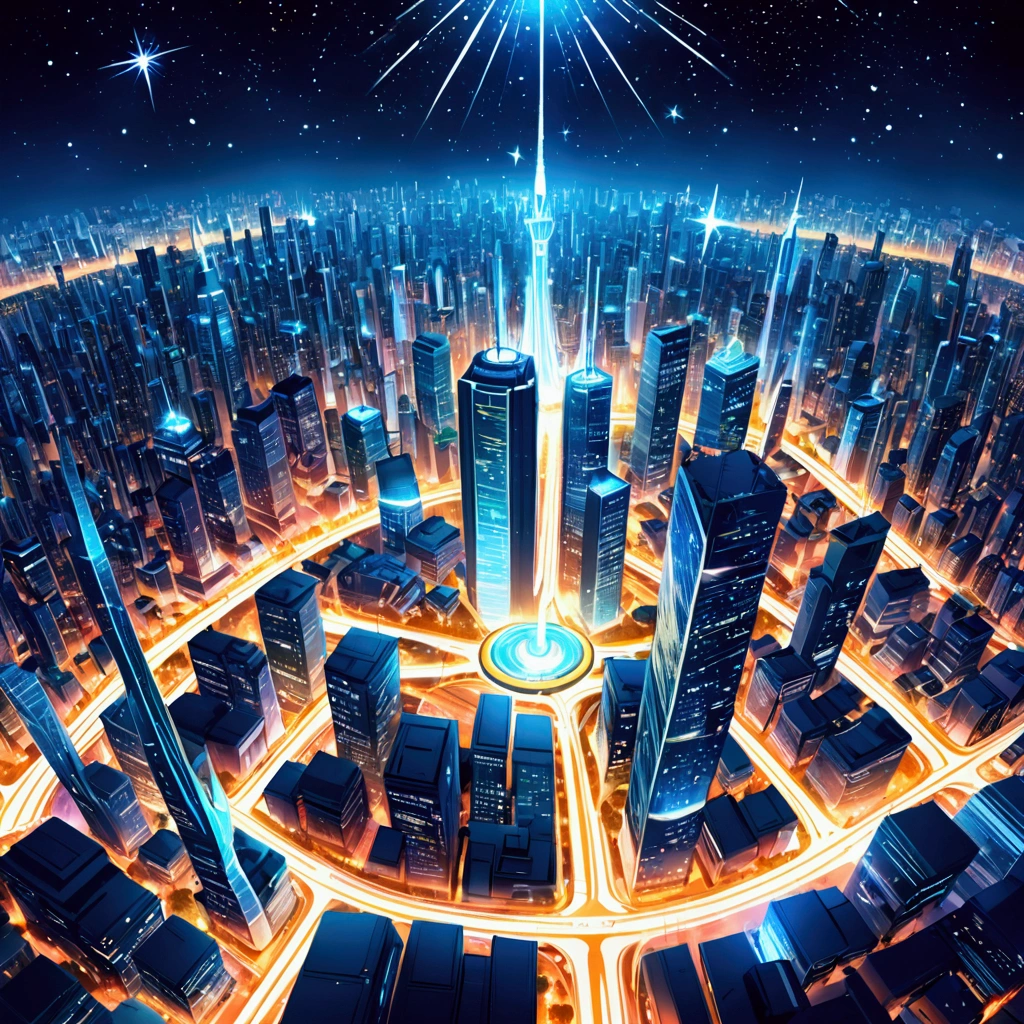 High resolution, high quality, Ultra high definition, Illustration effect for posters and magazines, Sparkle Effect, Future City, night