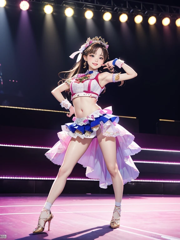 (Highest quality、 8k 、masterpiece、High resolution)、(Dancer)、Full Body Shot、15 year old girl、Idol Group、cute、Dancing with a smile、Outdoor Stage、AKB48 Costumes、Realistic、Official Art、Detailed CG、Professional Lighting、Professional photographer、(Depth of written boundary:1.3)、