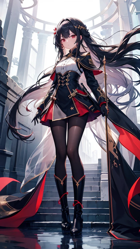 girl,Clarity,high-definition,High Detail,Rich in details,transparent,纹理Clarity,beauty,grace,nature,Red eyes,long hair,Hair Bunch,Very long hair,starchams,Long boots,Black pantyhose,boost,Standing