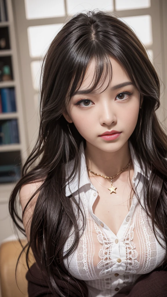  (超High resolution, masterpiece, Anatomically correct, Textured skin, Super Detail, Highest quality, High resolution, 8k, bloom, Front light:1.2, Perfect dynamic composition), (24-years-old, 1 person, Cute and sexy high school teacher, Sexy Face, Long face, Distant eyes, Gentle eyelids, Thin eyebrows, Gentle corner of the eye, Hawk-like nose:1.4, It will totally charm you, Eyes that feel erotic, A taste of beautiful eroticism, Too cute beauty), break, Absurd, One person&#39;Perspective, (Wear a button-up shirt, Grey formal jacket), (Captivating smile:0.8), (View your viewers), (Long Hair, Inward curls, bangs, Smooth Hair), (Beige hair:1.2), (Chest close-up: 1.3), ((Very close relationship:1.4)), Mid-chest, ((Place your hands on the table:1.2, Facing each other across the table:1.2)), ((In the school library)), (Shooting from above:1.2), Keiko Kitagawa