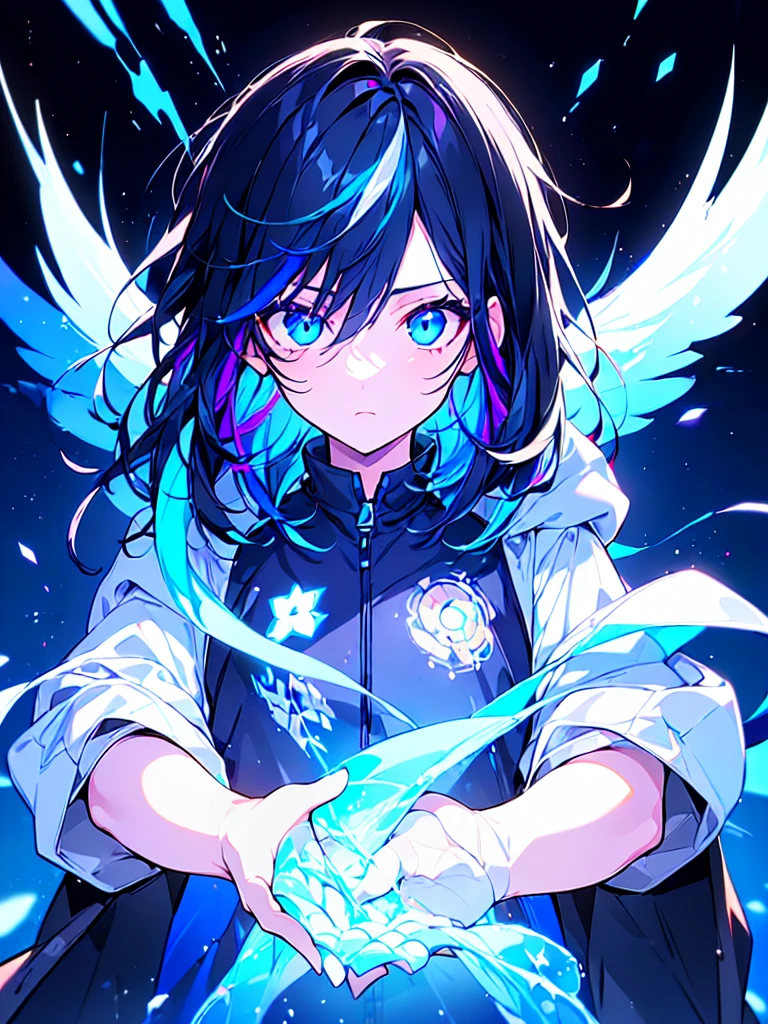 [(BLACK BACKGROUND:1.5),::5], ((((masterpiece)))), high quality, ultra very high resolution, full color, (((solo))), ((little boy)), BLACK hair, ((Blue streaked hair)), (oriental deepblue eyes), anime, ((upper body)), Summer clothes, neon light, black parka,