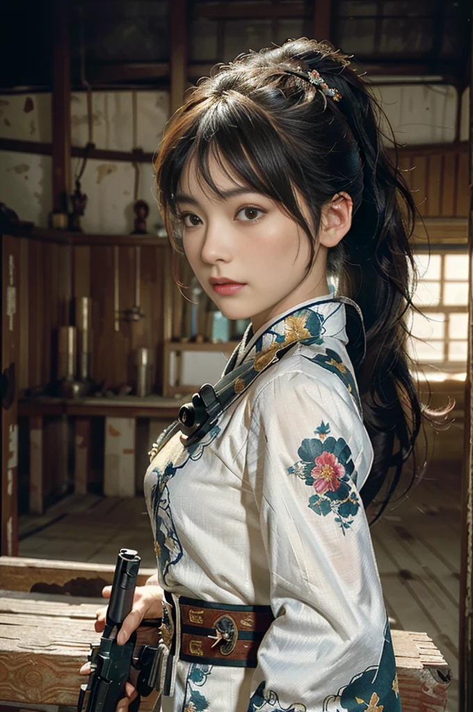 Highest image quality, outstanding details, ultra-high resolution, (realism: 1.4), (cowboy shot, from side view, looking at another), the best illustration, favor details, highly condensed 1girl, with a delicate and beautiful face, vigilance, ((holding a gun at the ready)), ponytail, captain, (wearing ancient chinese dress, bring a machinegun), background city birdview