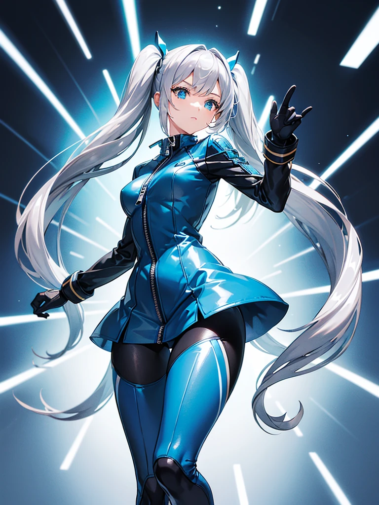 a girl，Long silver hair，long twintails，Blue tights，((Super detailed zipper))，Stylish style，((dynamic poses))，movie lighting effects