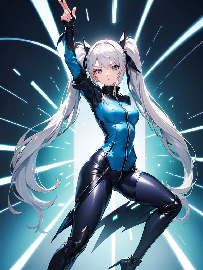 a girl,Long silver hair,long twintails,Blue tights,((Super detailed zipper)),Stylish style,((dynamic poses)),movie lighting effects