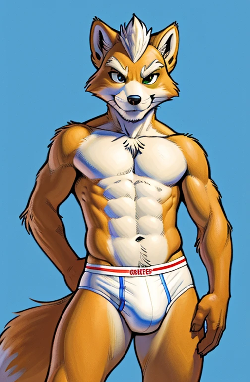 solo, male, Fox McCloud from Starfox, hands behind his back, naked, bulge, toned and lean body, (wearing a white underwear, tighty-whities, white seam brief), (Portrait Focus), head to thighs, looking at viewer, high detailed, masterpiece, dark blue background, furry, by Meesh