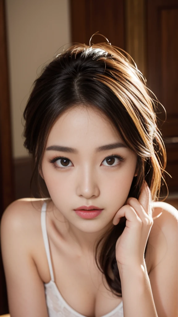 (超High resolution, masterpiece, Anatomically correct, Textured skin, Super Detail, Highest quality, High resolution, 8k, bloom, Front light:1.2, Perfect dynamic composition), (24-years-old, 1 person, Cute and sexy high school teacher, Sexy Face, Long face, Distant eyes, Gentle eyelids, Thin eyebrows, Gentle corner of the eye, Hawk-like nose:1.4, It will totally charm you, Eyes that feel erotic, A taste of beautiful eroticism, Too cute beauty), break, Absurd, One person'Perspective, (Wear a button-up shirt, Grey formal jacket), (Captivating smile:0.8), (View your viewers), (Long Hair, Inward curls, bangs, Smooth Hair), (Beige hair:1.2), (Chest close-up: 1.3), ((Very close relationship:1.4)), Mid-chest, ((Place your hands on the table:1.2, Facing each other across the table:1.2)), ((In the school library)), (Shooting from above:1.2), Keiko Kitagawa