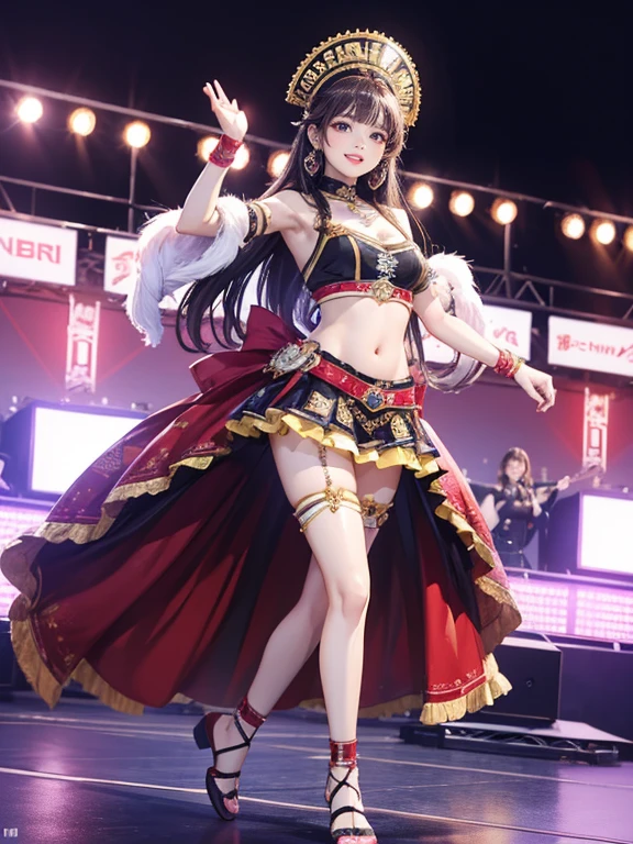 (Highest quality、 8k 、masterpiece、High resolution)、(Dancer)、Full Body Shot、15 year old girl、Idol Group、cute、Dancing with a smile、Outdoor Stage、AKB48 Costumes、Realistic、Official Art、Detailed CG、Professional Lighting、Professional photographer、(Depth of written boundary:1.3)、