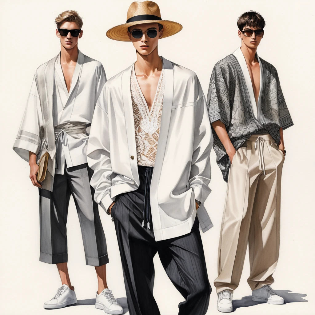 candid fashion illustration of a group of young 3man, aged 23 year old, tall and slender, mix race male super model, ((showcase fashion in a cotton outfits)), inspired by Christian Dior menswear resort collection, in elegant style with ((mixed Trible ethnic woven fabric details)). The 1st man wears an oversized shirt lace, paired with over side Pants, semi hard bugle, The 2nd man complements him in a white lace shirt, paired with white Drawstring short pants, 3rd man wears an oversized Yukata with lace details, and relaxed hammer Pants, side entry pockets, all 3man completes the look with white sneakers, sunglasses, straw hat. Captured in a ((full-body pose)), ((drawing on white paper background)), realistic pencil lines, imperfect drawing, charcoal lines detail, fading sketch, fashion Sketching, low angle view, three man,