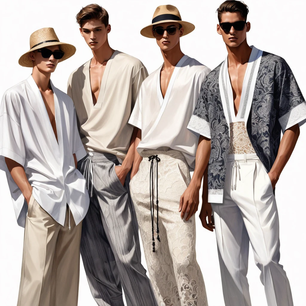 candid fashion illustration of a group of young 3man, aged 23 year old, tall and slender, mix race male super model, ((showcase fashion in a cotton outfits)), inspired by Christian Dior menswear resort collection, in elegant style with ((mixed Trible ethnic woven fabric details)). The 1st man wears an oversized shirt lace, paired with over side Pants, semi hard bugle, The 2nd man complements him in a white lace shirt, paired with white Drawstring short pants, 3rd man wears an oversized Yukata with lace details, and relaxed hammer Pants, side entry pockets, all 3man completes the look with white sneakers, sunglasses, straw hat. Captured in a ((full-body pose)), ((drawing on white paper background)), realistic pencil lines, imperfect drawing, charcoal lines detail, fading sketch, fashion Sketching, low angle view, three man,