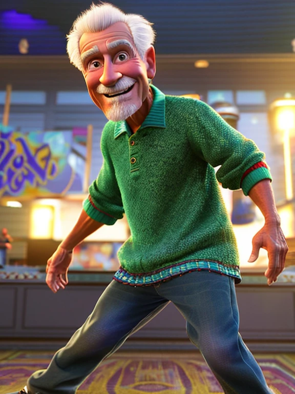 Pixarstyle A full body portrait of an elderly man, breakdancing, smile, natural skin texture, 4K textures, HDR, intricate, highly detailed, sharp focus, cinematic look, hyper-detailed