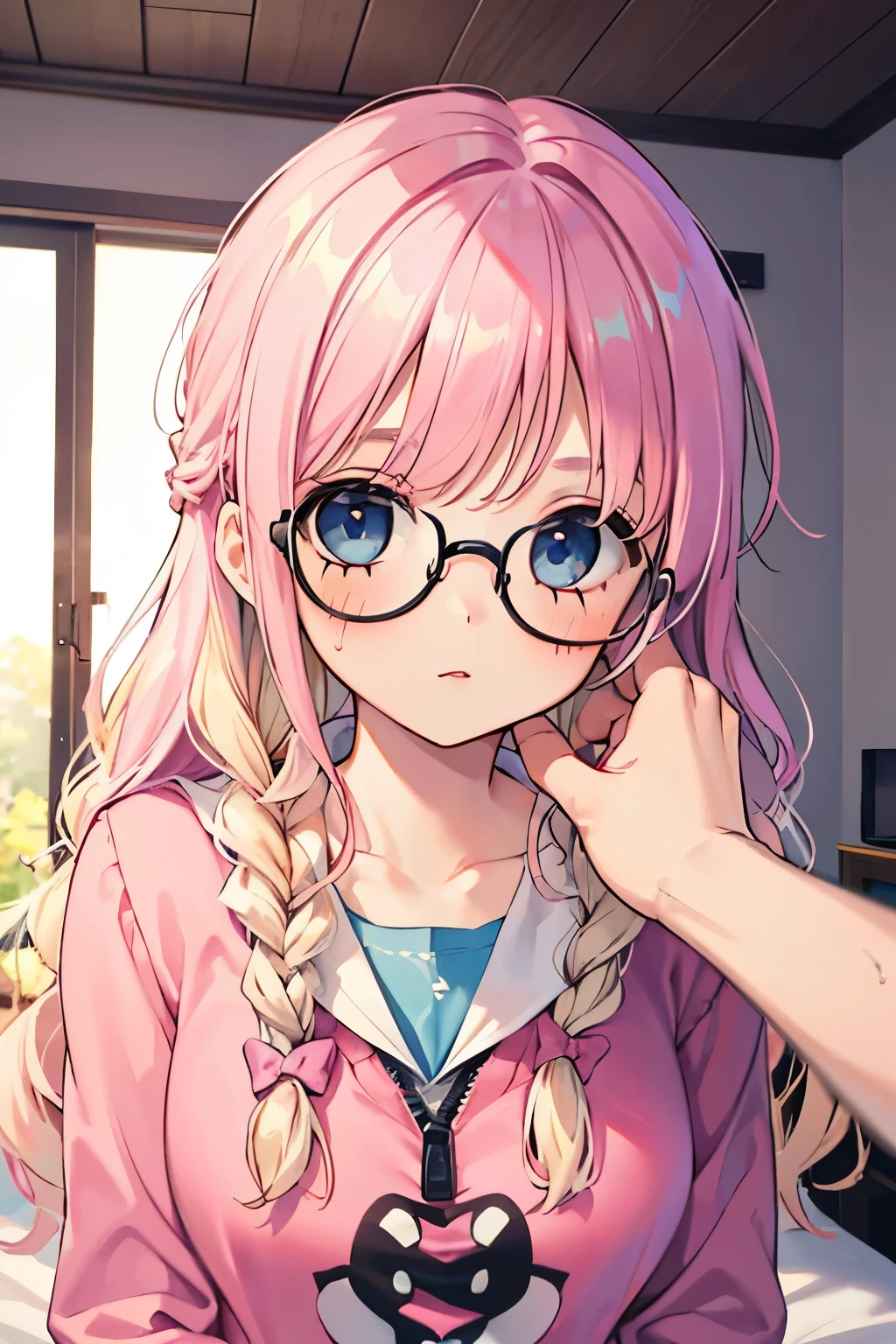 LightBlue Eyes,Very thin thighs,Summer clothes, highest quality,((Blonde girl)),(braid hair:1.1),red cheek),Glasses,close-up Face,kiss face,(💌:1.2),(Confession:1.2),(pink bed room:1.2),(Being pushed down:1.1),(night:1.1).