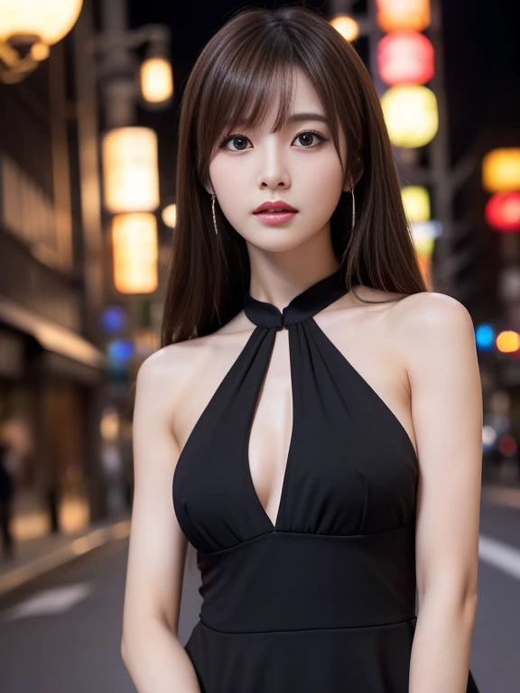 masterpiece、Beautiful girl、Detailed eyes、True Face、Highest quality, 超High resolution, (reality: 1.4), Cinema Lighting、Japanese、Asian Beauty、Korean、so beautiful、Glowing Beautiful Skin、thin、Body facing forward、(Ultra-realistic)、(High resolution)、(8k)、(Very detailed)、(美しくDetailed eyes)、(Very detailedな)、 (wallpaper)、Detailed face、The lighting is bright、Professional Lighting、View the viewer、Look straight ahead、The costume is a black dress...、46 point diagonal bangs、Night view、Brown Hair、Japanese Idols、Korean Idol、Idol Sculpture、actress、19 years old、expensive、(Dynamic pose, Dynamic Angle:1.3), Random Pause, Random Angle,