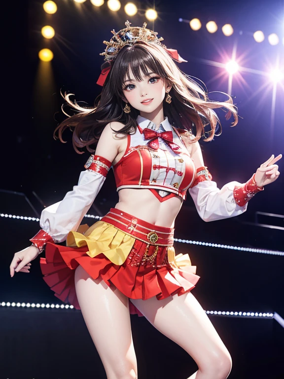 (Highest quality、 8k 、masterpiece、High resolution)、(Dancer)、Full Body Shot、15 year old girl、Idol Group、cute、Dancing with a smile、Outdoor Stage、AKB48 Costumes、Realistic、Official Art、Detailed CG、Professional Lighting、Professional photographer、(Depth of written boundary:1.3)、