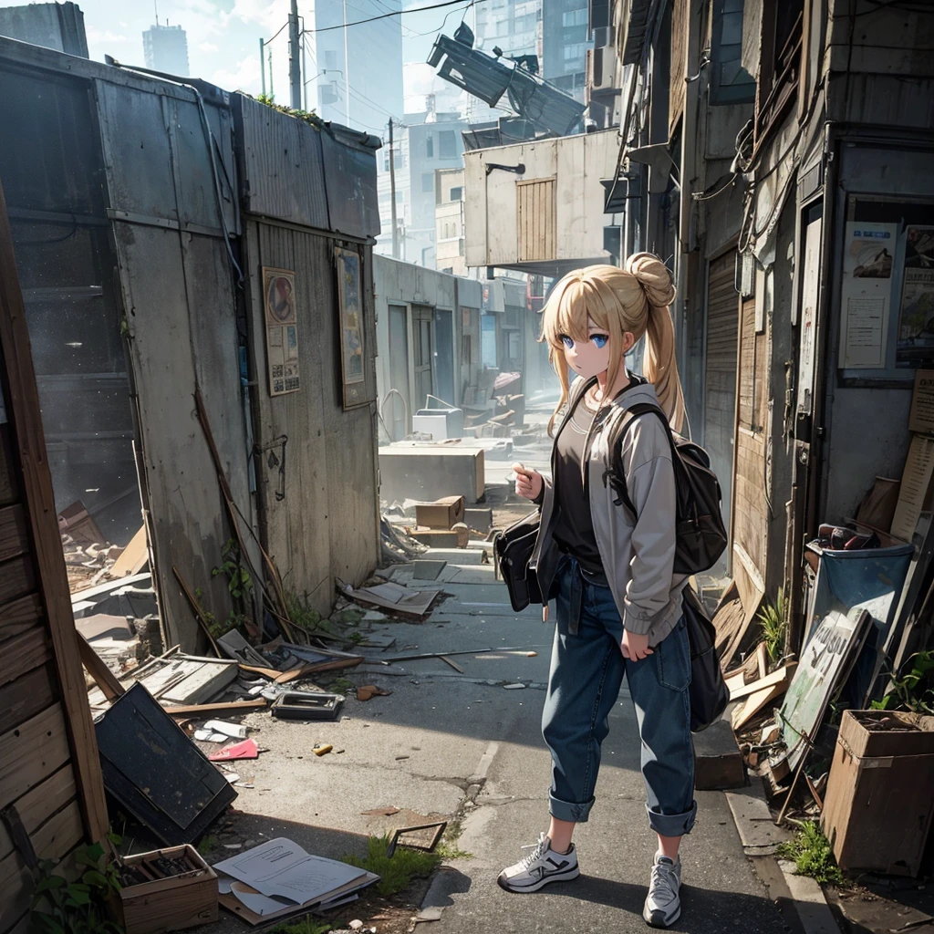 A slender  girl with long blonde hair tied in a messy ponytail or bun. She has large, expressive blue eyes that reflect her shyness and innocence, with a slightly nervous but curious expression. Wears simple, practical clothing in neutral, muted tones, including a lightweight fabric jacket and worn-out jeans or comfortable pants. Her shoes are sturdy sneakers fit for running. Carries a small, worn but functional backpack or crossbody bag, with visible books or notebooks. In a post-apocalyptic setting with collapsed buildings and vegetation among debris, under a cloudy sky with occasional sunlight rays. The scene conveys a sense of caution and hope. Melanie is in a defensive posture, hiding or exploring her surroundings. Realistic art style, soft and muted colors with a hint of youthful vibrancy. Gentle lighting emphasizes her facial expression and eyes.