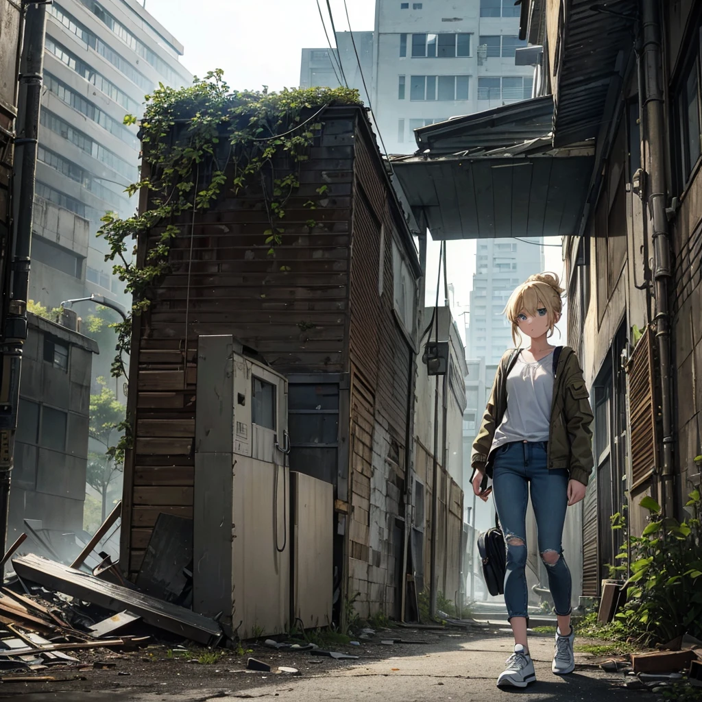 A slender teenage girl with long blonde hair tied in a messy ponytail or bun. She has large, expressive blue eyes that reflect her shyness and innocence, with a slightly nervous but curious expression. Wears simple, practical clothing in neutral, muted tones, including a lightweight fabric jacket and worn-out jeans or comfortable pants. Her shoes are sturdy sneakers fit for running. Carries a small, worn but functional backpack or crossbody bag, with visible books or notebooks. In a post-apocalyptic setting with collapsed buildings and vegetation among debris, under a cloudy sky with occasional sunlight rays. The scene conveys a sense of caution and hope. Melanie is in a defensive posture, hiding or exploring her surroundings. Realistic art style, soft and muted colors with a hint of youthful vibrancy. Gentle lighting emphasizes her facial expression and eyes.