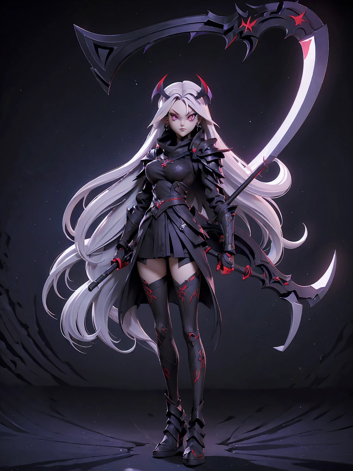 (((Masterpiece, best quality, 16k))) female character with long white hair and piercing red eyes. She wears a demonic armor in purple, black, and white. wields a large, stylized scythe. The character has a menacing expression, with a chaotic environment as the background. ((full body front view)). ((slender)), (extremely detailed:1.5), (long white hair:1.2), (piercing red eyes:1.2), (chaotic environment:1.1), (demonic armor:1.3), (stylized scythe:1.3).