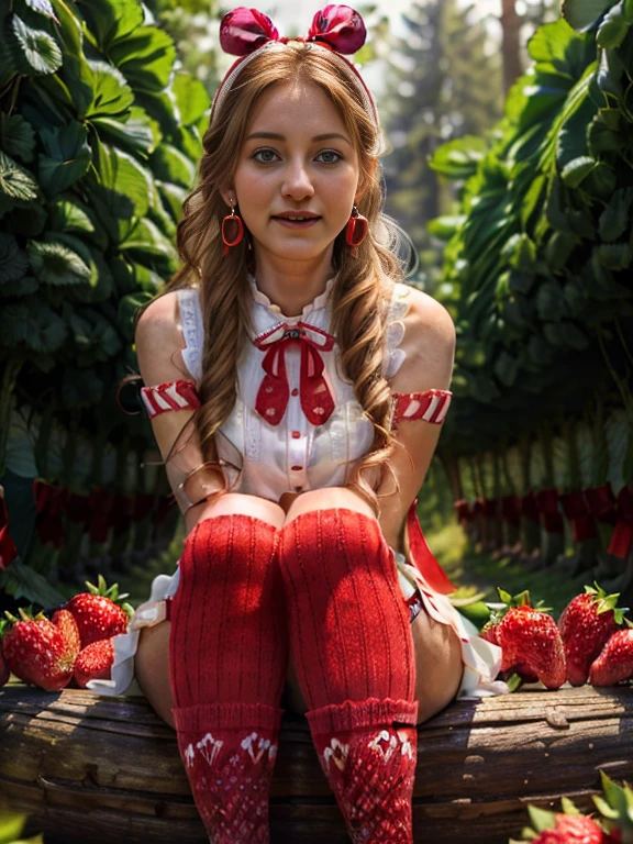 (best_quality:1.7), (hyper-realistic:1.3), 26_year_old_belgian_woman, curly_long_blonde_haired, blue_eyed, pale_skin, standing_inside_forest_near_tree, masterpiece, highres, 8k, side_view, looking-at-viewer, smiling, (high_detail_face:1.4), eating_strawberry, wearing_strawberry_dress_with_strawberry_pattern, (strawberry decoration:1.5), (red ribbon:1.5), (strawberry earrings:1.5), (red knee high socks:1.5)