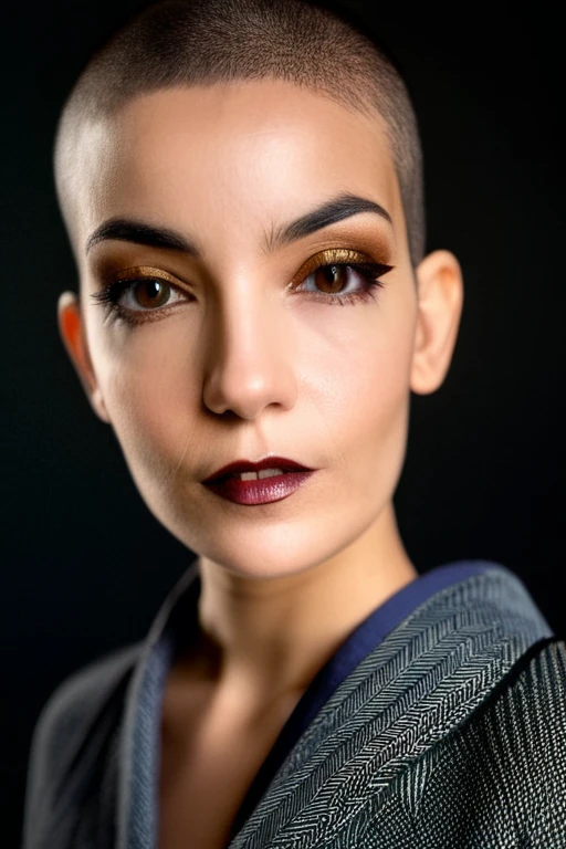 Beautiful young 22 yrs woman, (close-up, editorial photograph), [[wide angle photo]], (background inside dark, moody, private study:1.3), full body portrait, by lee jeffries, nikon d850, film stock photograph, 4 kodak portra 400, camera f1.6 lens, rich colors, hyper realistic, lifelike texture, dramatic lighting, cinestill 800, Dark buzzcut hair, Dark Hazel eyes, Eye contact
